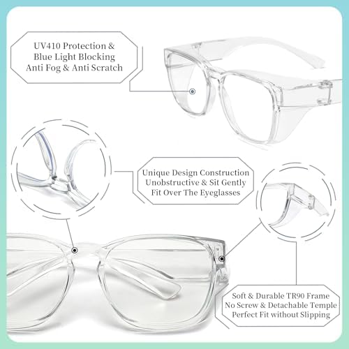 Alsenor Safety Glasses Anti Fog Goggles Fit Over Prescription Eyewear Blue Light Blocking Oversized Eyeglasses For Men Women (Oversized-Clear)