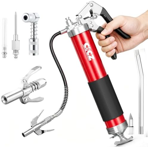8000 PSI Grease Gun Kit: Heavy Duty Pistol Grip Grease Gun with 14oz Capacity, Quick-Release Coupler, 90°Adapter, Rigid Pipe, Flexible Hose for Automotive, Industrial, Agricultural