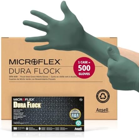 Ansell MICROFLEX Dura Flock DFK-608 Nitrile Gloves, Size M, Case of 500
