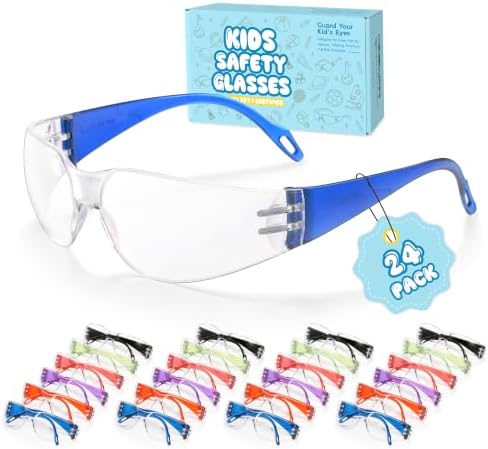 24 Pack Kids Clear Safety Glasses, ANSI Z87.1 Youth Safety Goggles, Impact Resistant Polycarbonate Lenses, Boys Girls Eye Protection for School Science Lab, Sports, Nerf Party & DIY