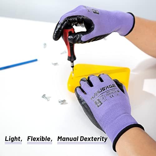 MANUSAGE Safety Work Gloves Nitrile For Men and Women, with Touchscreen Fingers, Men's Work Gloves with Grip, Mechanics Gloves (Size XXL, Purple, 12-pairs)