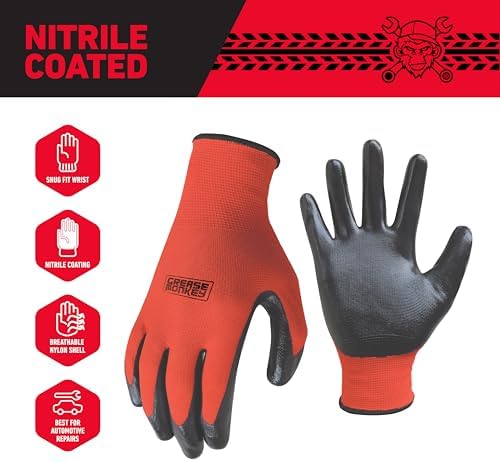 GREASE MONKEY Nitrile Coated Work Gloves, Large, 15 Pair, Red and Black