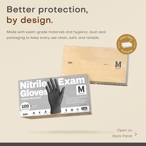 Nitrile+ SUP Exam Plus Gloves, Powder-Free Disposable, Black 100 Count