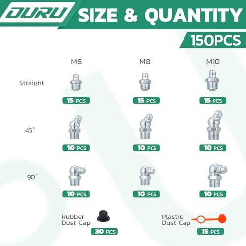 OURU 150PCS Grease Fittings Assortment Kit, Metric with Caps & Wrench