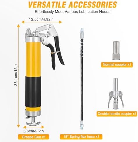 GOOACC Grease Gun Heavy Duty Pistol Grip Grease Gun Kit with Quick Release Coupler 18" Spring Flex Hose Normal Coupler, 8000PSI 14oz Grease Guns Tool for Automotive Farm Industrial Marine, Yellow 4PCS
