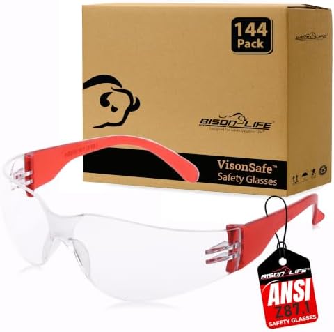 BISON LIFE Clear/Red Safety Glasses for Men & Women, ANSI Z87.1, 144 Pack