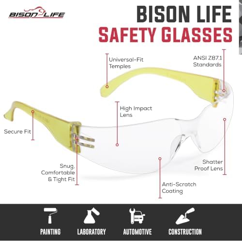 BISON LIFE Clear/Yellow Safety Glasses for Men & Women, ANSI Z87.1, 6 Pack
