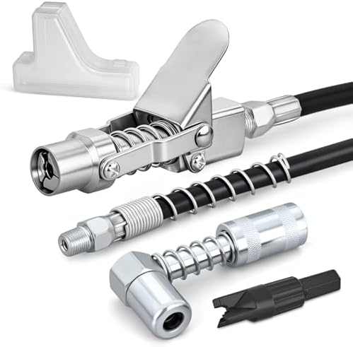 GOOACC Grease Gun Coupler Set Quick Locking Grease Coupler 90 Degree Grease Tips 12" Spring Flexible Hose & Cleaning Tool Compatible with 1/8" NPT Grease Gun Fitting & SAE Metric Zerk Fittings 4 PCS