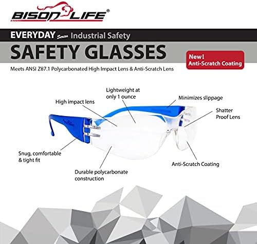 BISON LIFE Clear/Blue Safety Glasses for Men & Women, ANSI Z87.1, 144 Pack