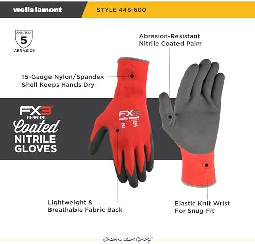 Wells Lamont Men's FX3 Nitrile Coated Grip Work Gloves, Red, Small