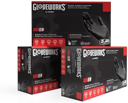 GLOVEWORKS Nitrile Gloves Disposable 5 mil Black Size Large 3 Boxes of 100