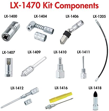 Lumax LX-1470 Silver Lubrication Accessory Kit, 11-Piece. Kit Contains 11 of Lumax’s Most Popular lube Accessories. Organize and Store in Convenient Storage case.