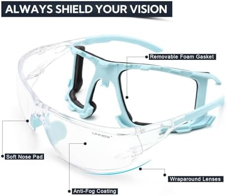 UKNOW Safety Glasses - Anti Fog Wraparound Lenses - Removable Foam Gasket - ANSI Z87.1 Protective Eyewear - Impact Resistant