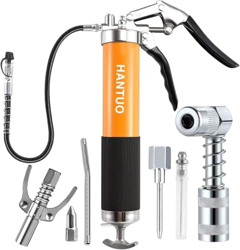Grease Gun with Quick Release Coupler, 8000 PSI Heavy Duty Professional Pistol Grip Grease Gun Kit 14 OZ Capacity with Coupler, Double Injector Needles, 90° Adapter