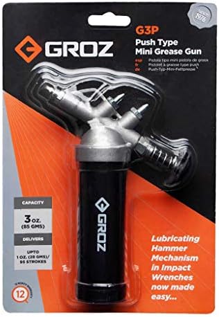 Groz Mini Push Type Grease Gun, 1000 PSI Steel Barrel for Impact Wrench Flush Fittings, 3 oz Cartridge, Die-Cast Aluminum Head, 3 Needle Nozzles 0.028"/0.039"/0.055" (43105)