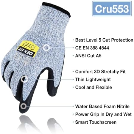 DEX FIT Level 5 Cut Resistant Gloves Cru553 Anti-Static, 3D Comfort Fit A5 Safety Work Gloves with Grip, Thin Touchscreen Gloves for Warehouse, Package Handling, Blue, XS, 1 Pair
