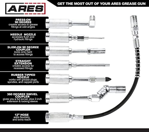 ARES 54011 7-Pc Grease Gun Accessory Set - 10,000 PSI, Universal Design