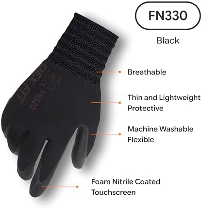 DEX FIT Nitrile Work Gloves FN330, 3D Comfort Fit, Touchscreen Grip Gloves for Warehouse, Construction, Package Handling, Delivery & General Work, Men & Women, Black, L, 1 Pair