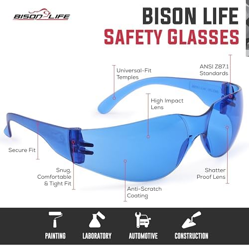 BISON LIFE Blue Safety Glasses for Men & Women, Bulk, ANSI Z87.1, 12 Pack