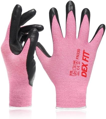 DEX FIT Nitrile Work Gloves FN330, 3D Comfort Fit, Touchscreen Grip Gloves for Warehouse, Construction, Package Handling, Delivery & General Work, Men & Women, Pink, S, 3 Pairs