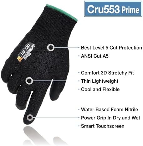 DEX FIT Level 5 Cut Resistant Gloves Cru553 Prime - 3D-Comfort Fit, Firm Grip, Thin & Lightweight, Touchscreen Compatible, Durable, Breathable, Machine Washable; Black XXL (11) 1 Pair