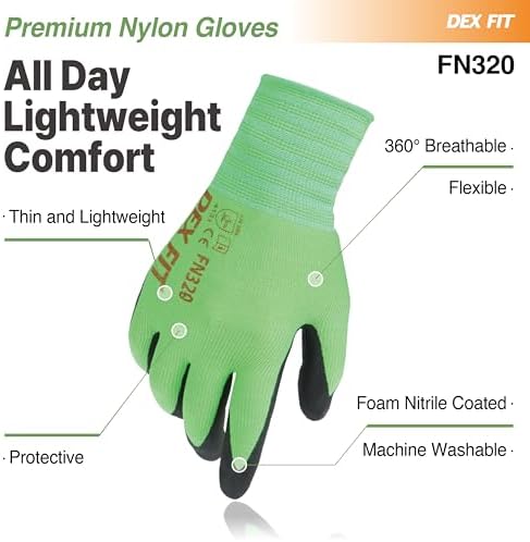 DEX FIT Premium Nylon Nitrile Work Gloves FN320, 3 Pairs, 3D-Comfort Stretchy Fit, Firm Grip, Thin & Lightweight, Durable, Breathable & Cool, Machine Washable; Green 8 (M)