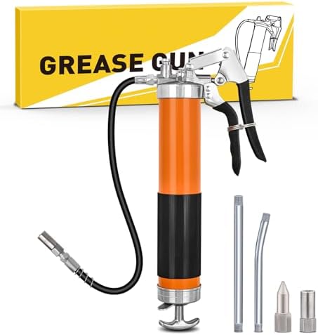 GOOACC Grease Gun 8000 PSI Heavy Duty 14oz Pistol Grip Grease Gun Kit with 18" Spring Flex Hose Sharp Type Nozzle Normal Coupler Rigid Pipe Manual Grease Guns for Greasing Automotive Marine, Orange