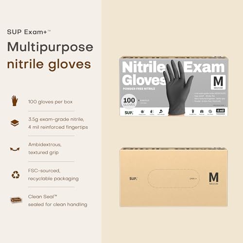 Nitrile+ SUP Exam Plus Gloves, Powder-Free Disposable, Black 100 Count