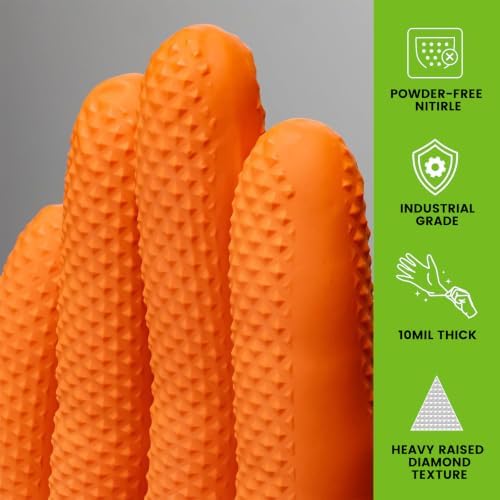 TREEGO 10 Mil Orange Nitrile Mechanic Gloves, Diamond Grip, 1000 Count XL