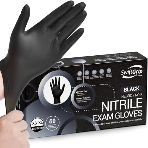 SwiftGrip Disposable Nitrile Exam Gloves, Black Nitrile Gloves Disposable Latex Free for Medical, Cooking & Esthetician