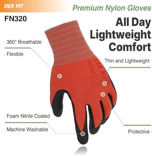 DEX FIT Premium Nylon Work Gloves FN320 - Firm Nitrile Grip, 3D-Comfort Stretchy Fit, Thin & Lightweight, Protective & Durable, Breathable, Machine Washable; Red 9 (L) 3 Pairs