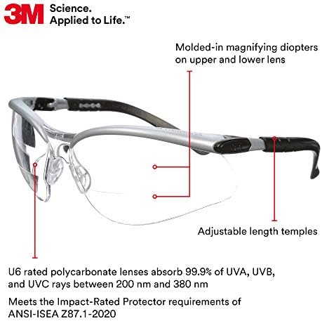 3M Safety Glasses, BX Dual Readers, +1.5, Clear Lens, Silver/Black Frame