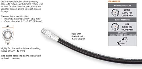 PROLUBE 12-inch Grease Gun Hose with 4-Jaw Coupler | 1/8” NPT Thread | For use with Hand Operated Grease Guns | 3,500 PSI Working Pressure (43650)