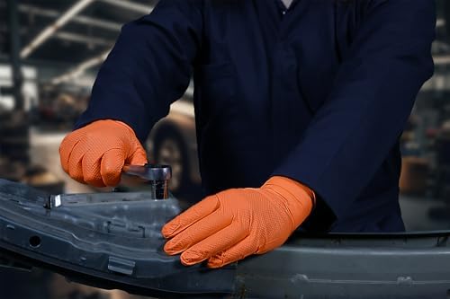 GLOVEWORKS Industrial Orange Disposable Gloves, Flock-Lined Nitrile Gloves, Raised Diamond Textured Grip, 8 mil