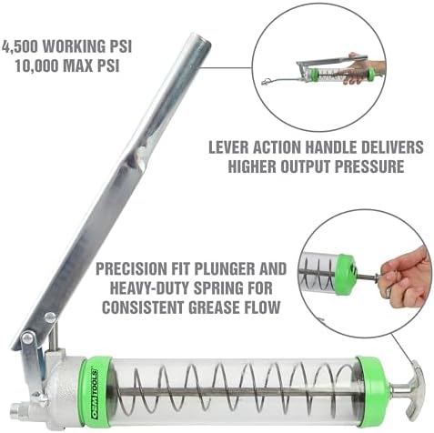 OEMTOOLS 87204 Clear Lever Action Grease Gun, Automotive Grease Gun for Heavy Machinery, 10,000 PSI Max Pressure, Suction and Cartridge Loading, Transparent Barrel