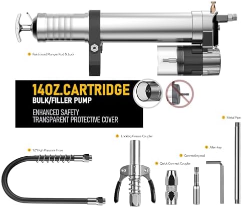 Electric Grease Gun Drill Adapter with 14 OZ Load, Locking Grease Gun Coupler, 12 Inch High Pressure Hose, Extension Rigid Pipe, Pneumatic Tool, Universal Conversion Gun Head