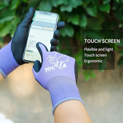 JDL 3 Pairs Nylon Nitrile Coated Gardening Gloves for Women, Touchscreen Yard Garden Gloves, Breathable Safety Work Gloves with Grip, Purple, Small