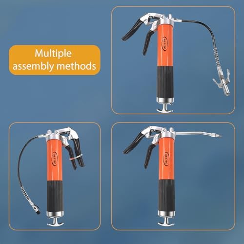 Grease Gun Kit with Quick Release Coupler,Professional 9000 PSI 14oz Heavy Duty. Leak-Proof Greese Gun with 1 Spring Flex Hose,2 Hose,1 Sharp Nozzle,1 Lock Coupler,1 Rigid Pipe