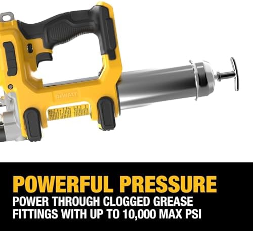 DEWALT Grease Gun 20V MAX Cordless 10,000 PSI Variable 2-Speed Electric Grease Gun with 47 Inch Hose and LED Light, Up to 9 oz per Minute and 7 Tubes per Charge, Tool Only (DCGG581B)