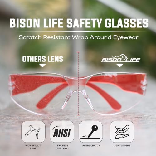 BISON LIFE Clear/Red Safety Glasses for Men & Women, ANSI Z87.1, 6 Pack