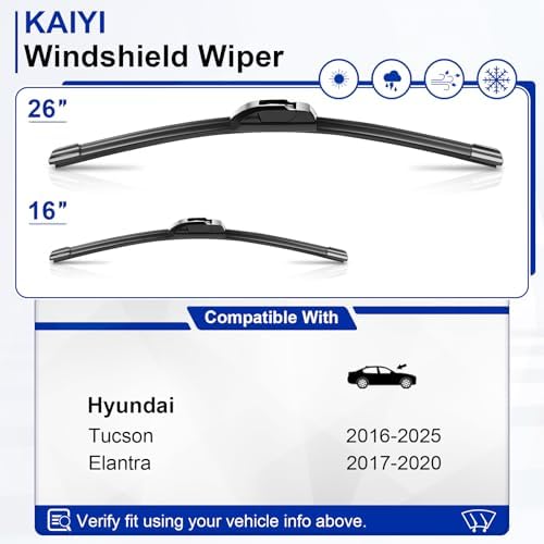 KAIYI 26" + 16" Windshield Wipers Compatible with Hyundai Tucson 2016-2025,Hyundai Elantra 2017-2020 Premium Automotive Replacement Windshield Wiper Blades 2 Pack