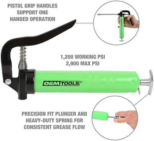 OEMTOOLS 87207 Mini Pistol Grip Grease Gun, Mini Grease Guns, Aluminum Grease Gun, Small Grease Gun, Maximum PSI of 2,900, Green