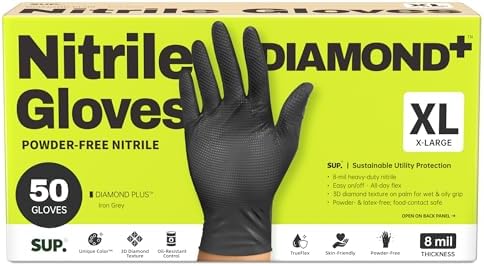 SUPER+ HEAVY DUTY Nitrile Gloves 8 Mil Diamond Texture Disposable Chemical Resistant Powder &Latex Free Food Safe Black 50 Ct