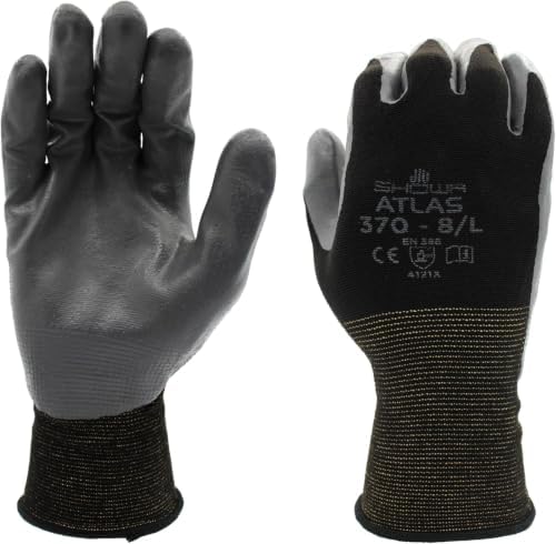 SHOWA Atlas 370 Nitrile Palm Work Gloves, Black, 12-Count, Medium (Pack of 12)