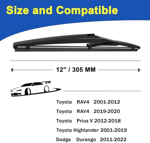 12 Inch Rear Wiper Blade for 2011-2022 Dodge Durango/2018-2021 Lexus NX300/2014-2018 Mazda 3/2019-2020 Toyota RAV4 Windshield Wiper Blade Set (Set of 2)