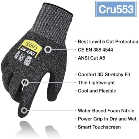 DEX FIT Level 5 Cut Resistant Gloves Cru553 Anti-Static, 3D Comfort Fit A5 Safety Work Gloves with Grip, Thin Touchscreen Gloves for Warehouse, Package Handling, Glass Handling, BlackGray, S, 1 Pair