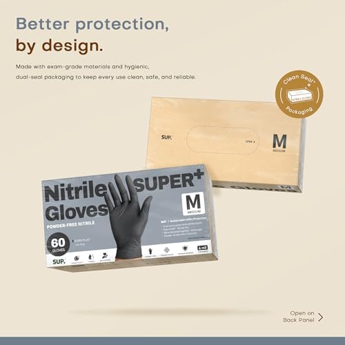 SUPER+ Black Nitrile Gloves HEAVY DUTY 6 Mil Disposable Chemical Resistant Powder & Latex Free Medical Food Safe, 60/600 Ct