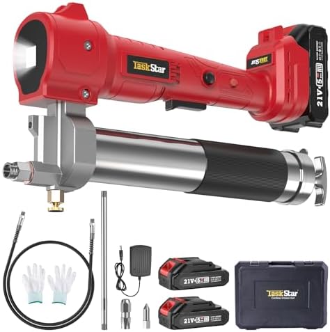 TaskStar Electric Grease Gun Cordless10000 PSI, Grease Gun Kit with 2×2.0Ah Batteries & Charger, 39.4" Flexible Hose & LED Light for Tractors Trucks Trailers Heavy Equipment Maintenance (Red)