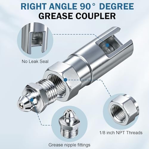 Grease Gun Accessory Kit, Heavy Duty Grease Gun Tips Fittings Coupler 90 Degree Grease Gun Coupler Hose Zerk Fitting Cleaner Grease Needle Nozzles Filling Nozzle and Grease Tip–Complete Set for Auto