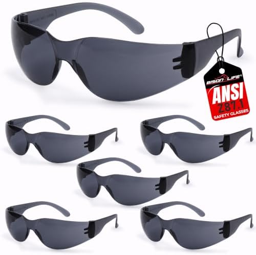 BISON LIFE Black Safety Glasses for Men & Women, ANSI Z87.1, 6 Pack